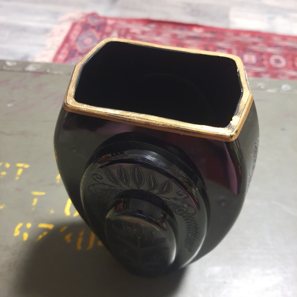 Antique Fostoria Black Ebony Glass Etched Fern Gold Trim Vintage Art Deco Vase - Picture 5 of 12